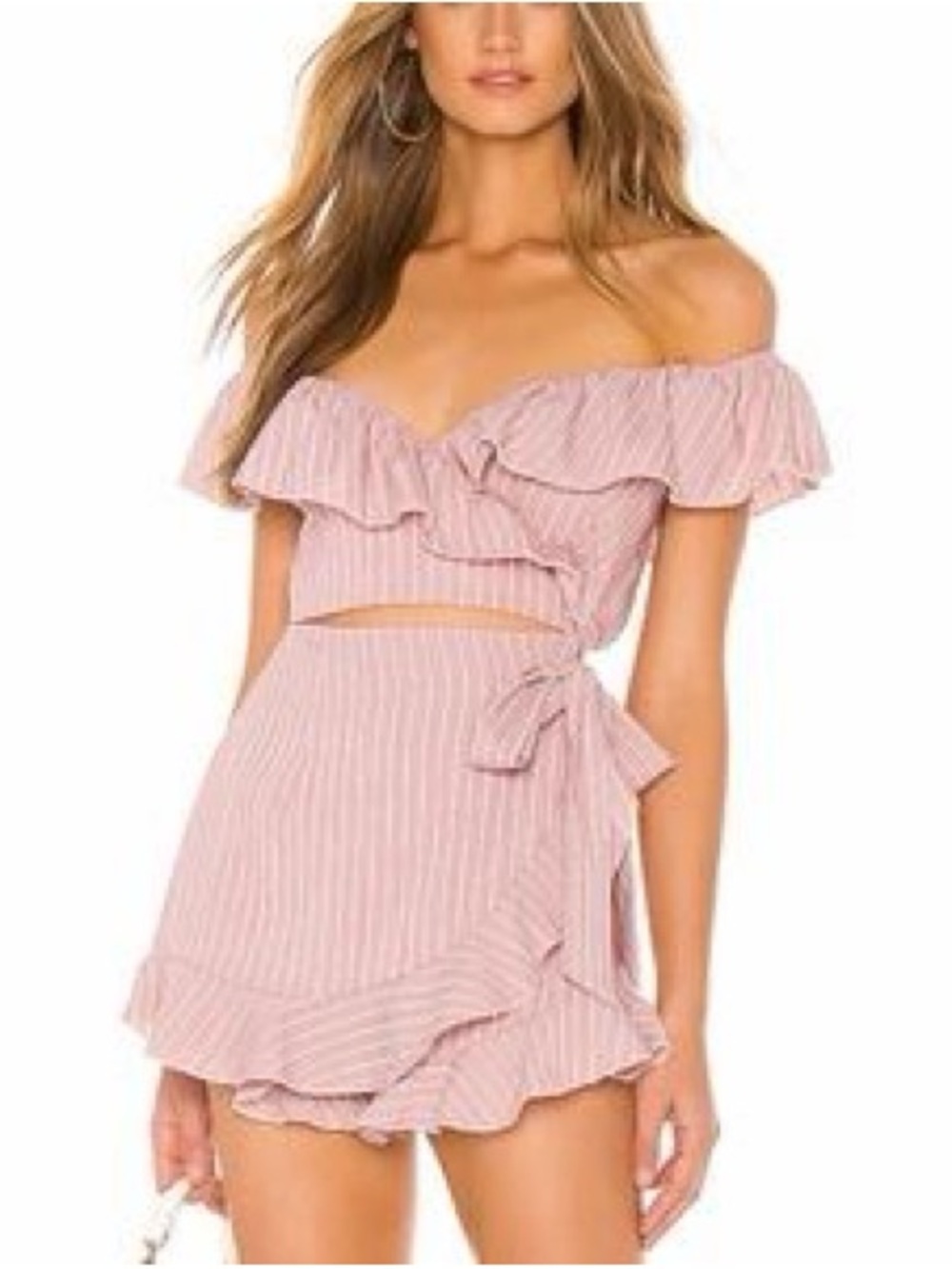 Superdown Angela Wrap Tie Pink Stripe Off-Shoulder Romper